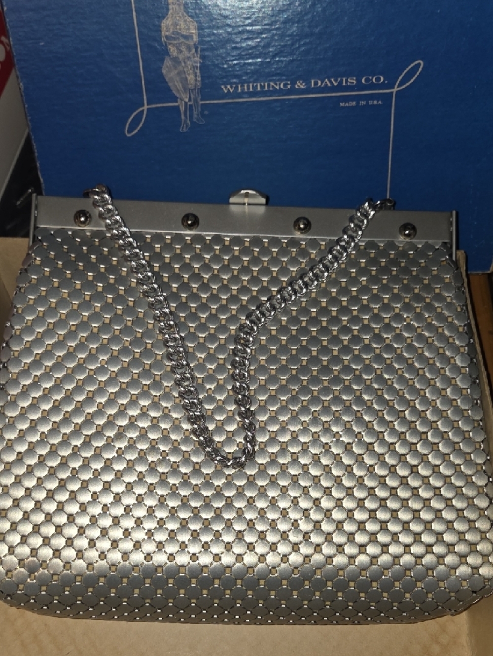 Vintage signed WHITING & DAVIS Co USA Chunky Silver MESH Large Purse Bag Satchel - Picture 4 of 7